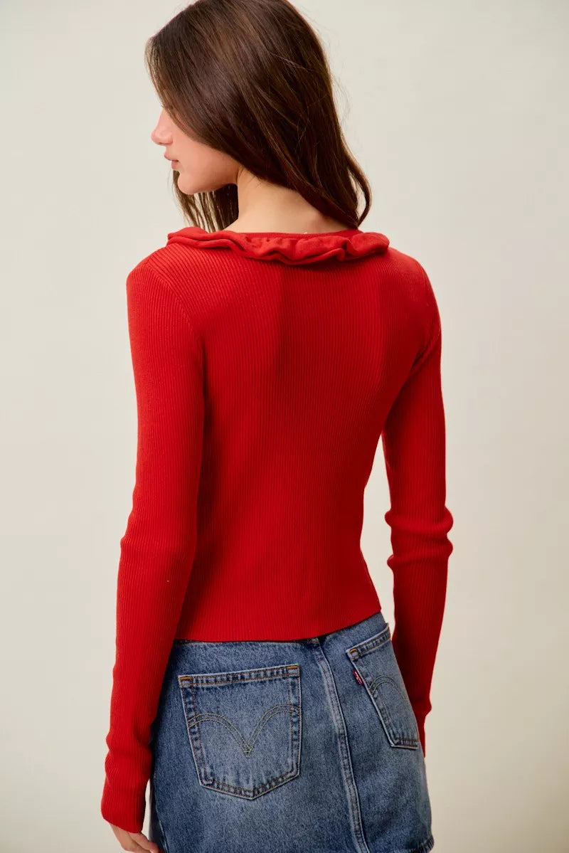 SO ME Cascade Ruffle Ribbed Sweater Cardigan in red, back view