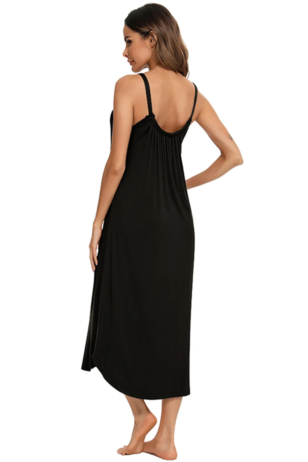 Woman from behind wearing a black V-Neck Midi Lounge Dress