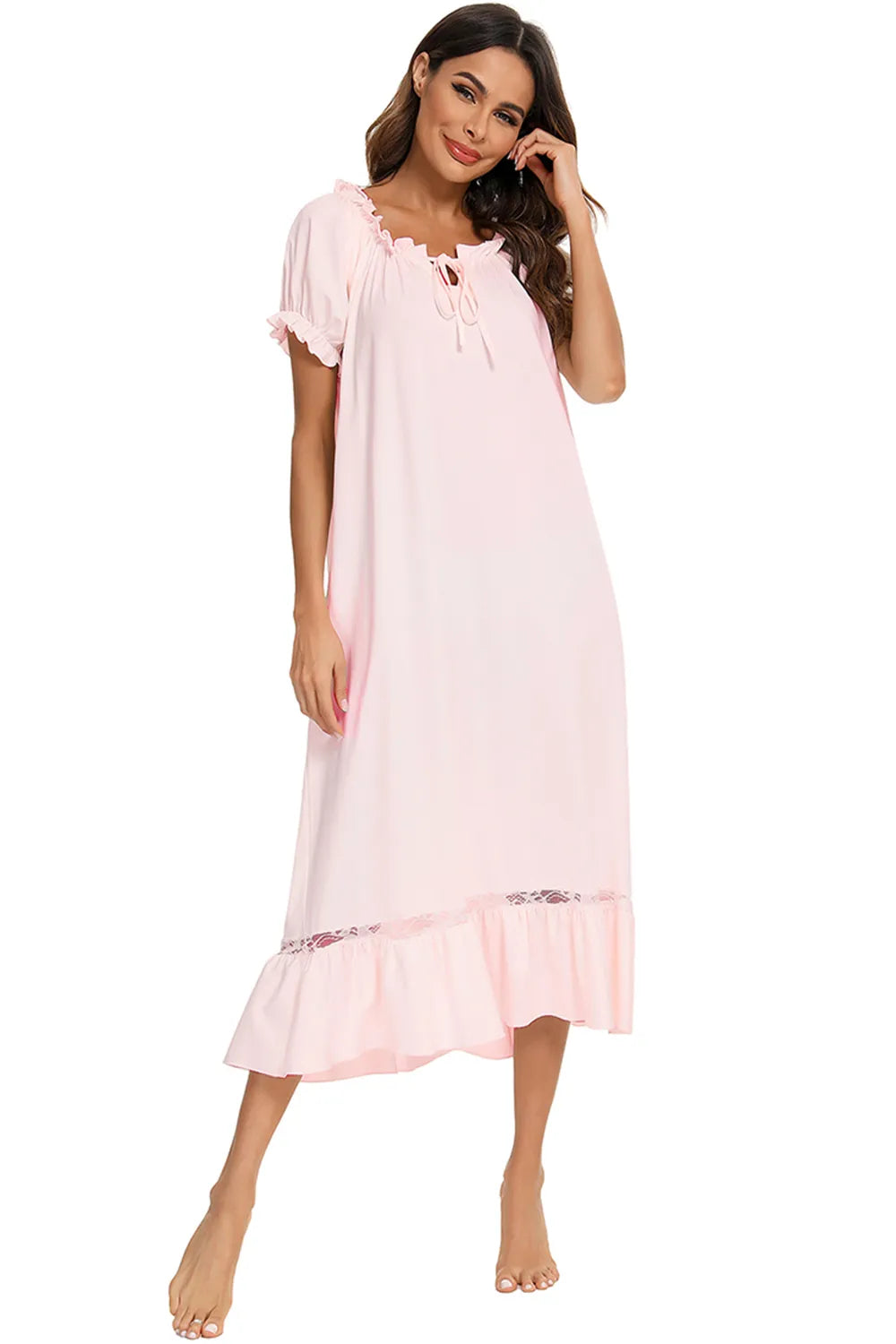 Lace Detail Short Sleeve Lounge Dress in light pink with ruffled neckline and hem
