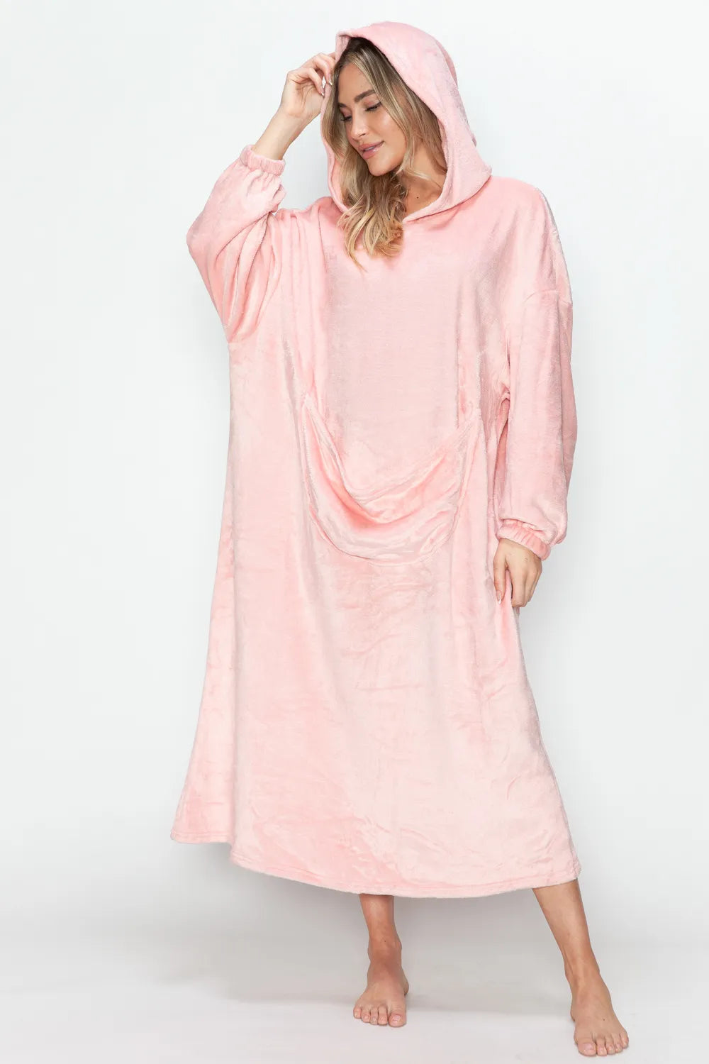 Double Take Full Size Pocketed Hooded Midi Lounge Dress in pink