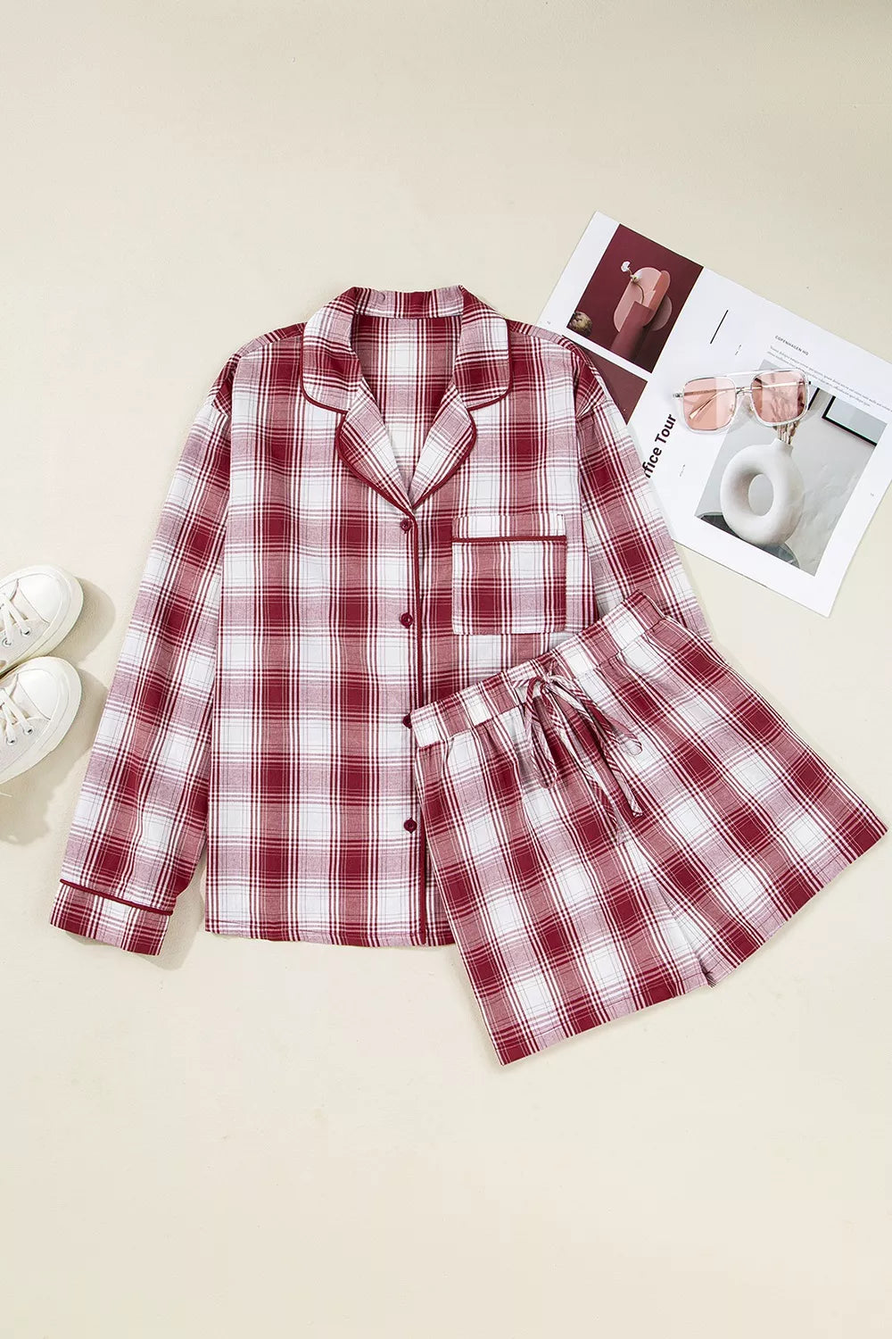 Plaid Long Sleeve Shirt and Drawstring Shorts Lounge Set in red and white plaid