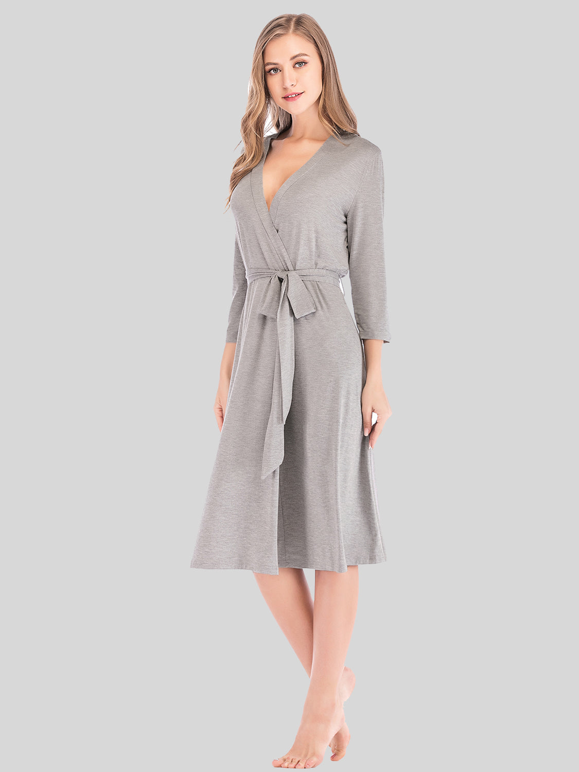 Plunge Tie Front Night Dress in grey with a tie waist and three-quarter sleeves