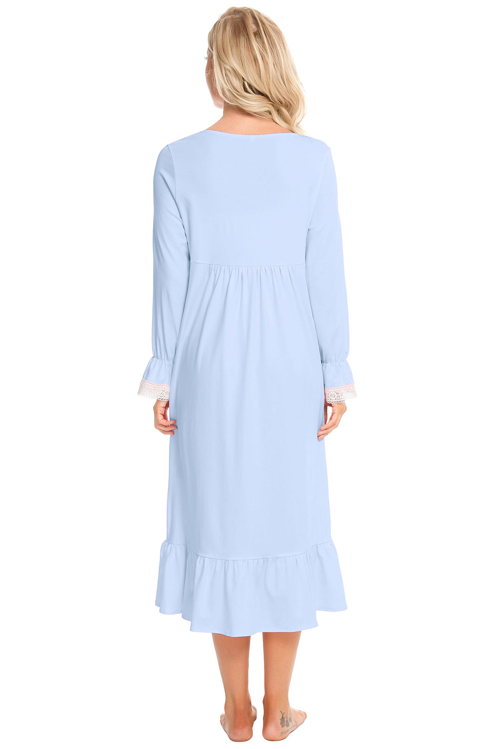 Back view of a woman in a light blue Lace Detail Square Neck Flounce Sleeve Night Dress