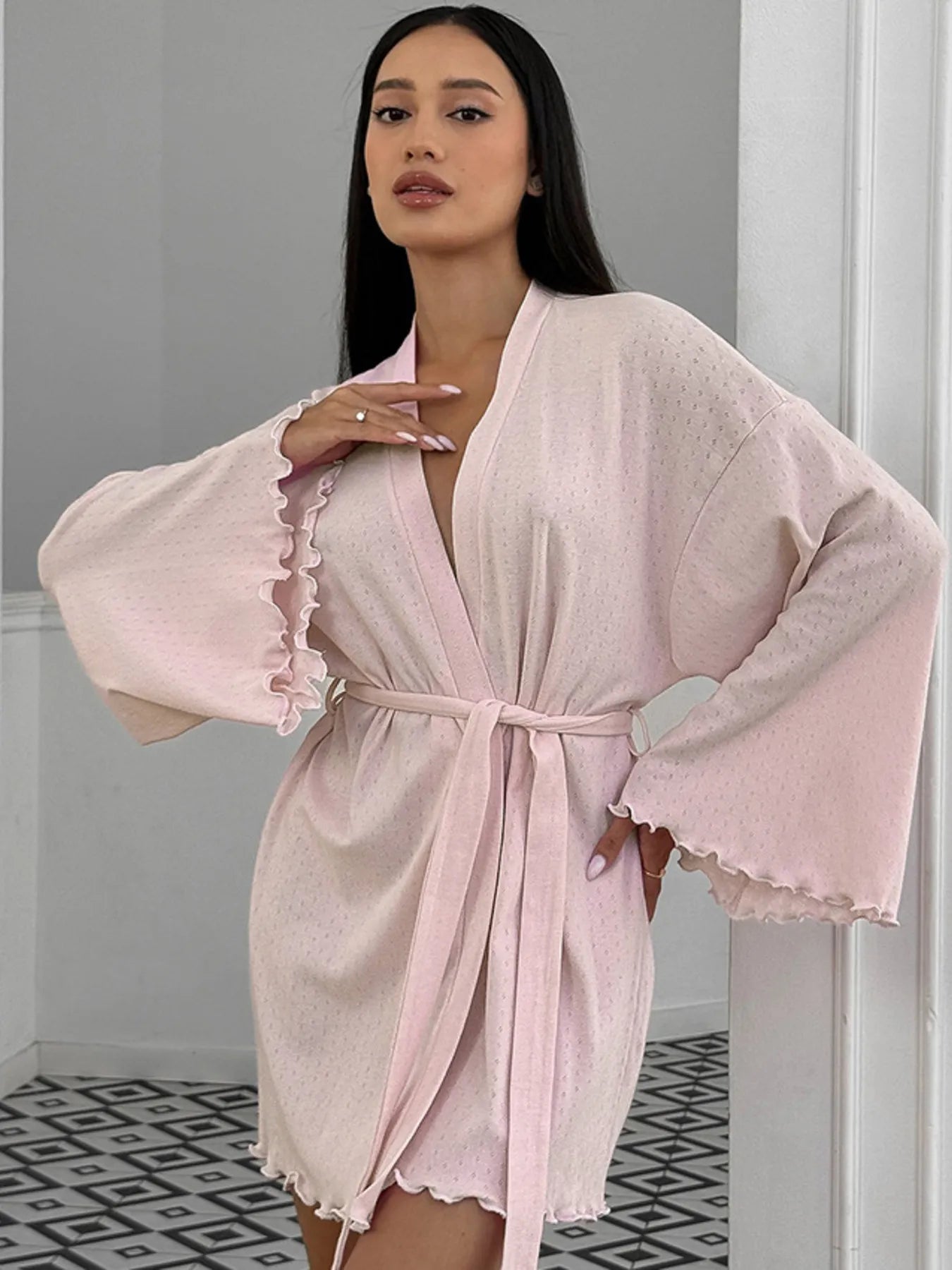 Tie Waist Kimono Sleeve Lounge Nightgown in light pink with ruffled sleeves and hem