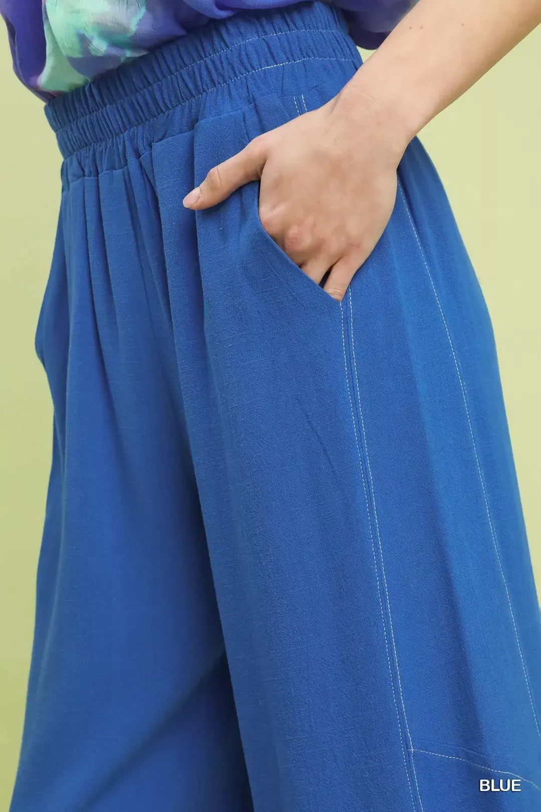 Cobalt Horizon Elastic-Waist Wide-Leg Pants with hand in pocket
