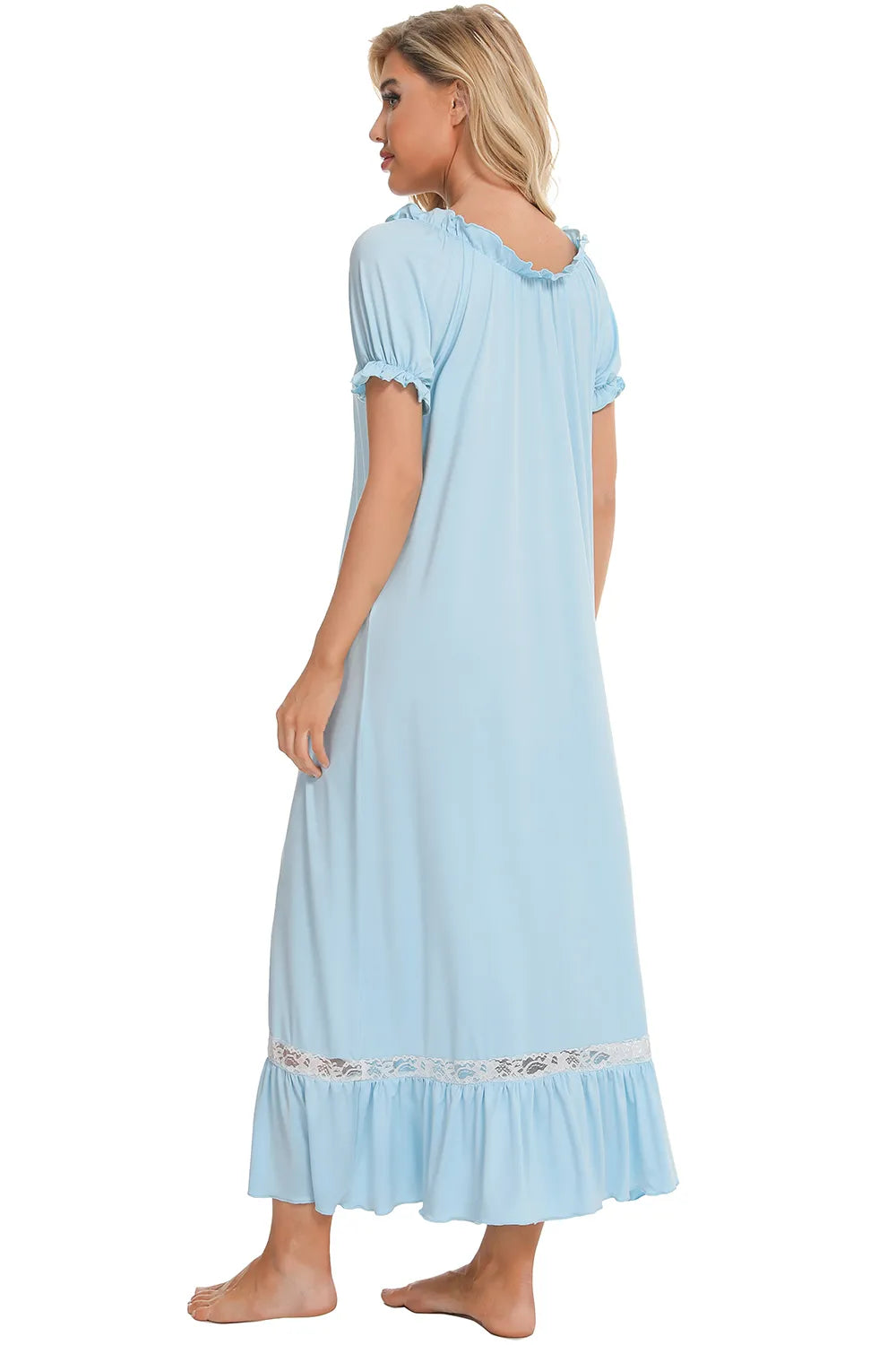 Lace Detail Short Sleeve Lounge Dress in light blue, back view