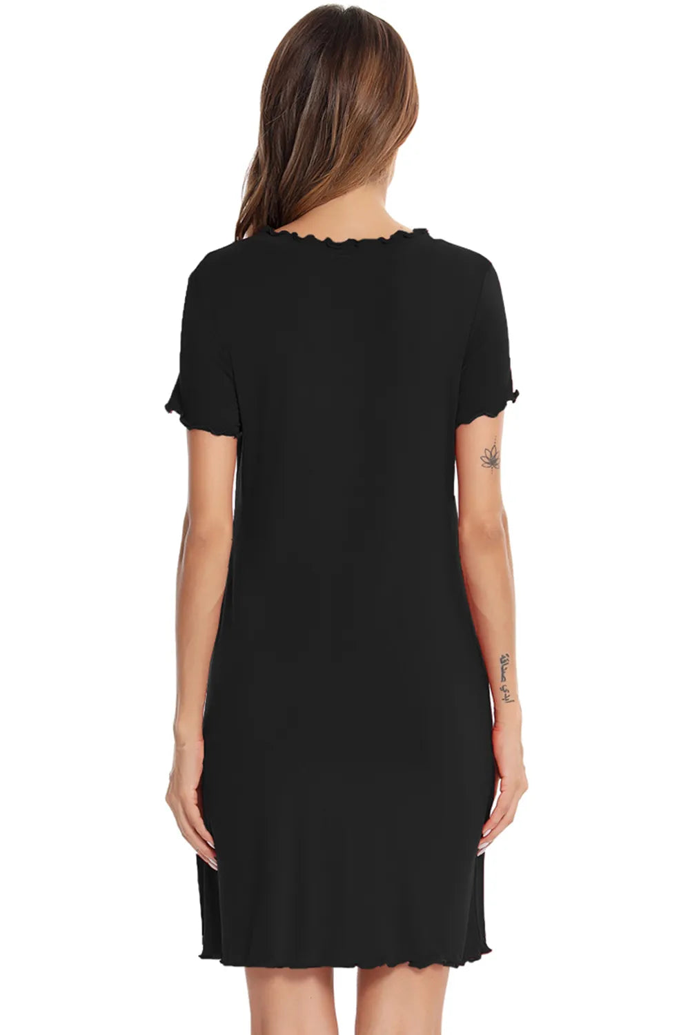 Back view of a woman wearing a black Round Neck Short Sleeve Lounge Dress