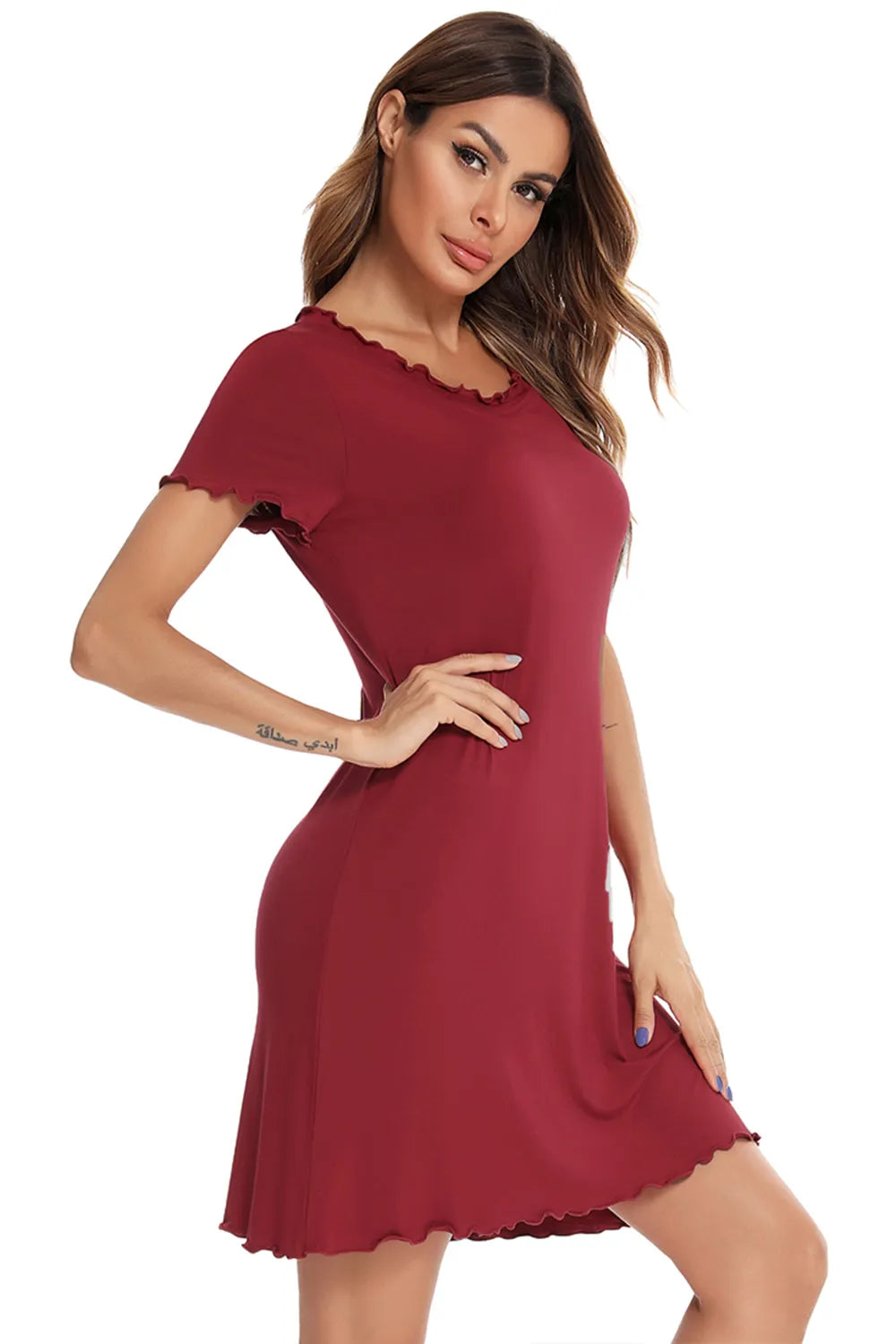Round Neck Short Sleeve Lounge Dress in red with ruffled edges