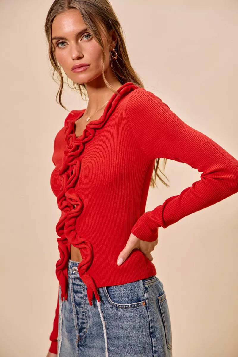 SO ME Cascade Ruffle Ribbed Sweater Cardigan in red with ruffle detail