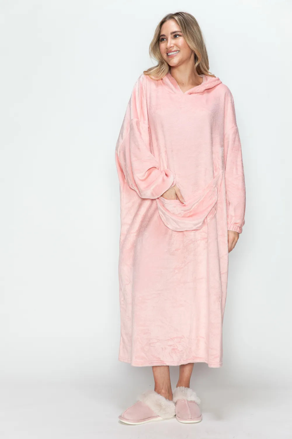 Double Take Full Size Pocketed Hooded Midi Lounge Dress in pink, with model wearing pink slippers