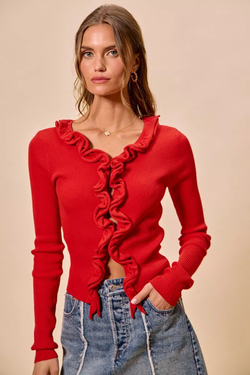SO ME Cascade Ruffle Ribbed Sweater Cardigan in red with ruffle details and long sleeves