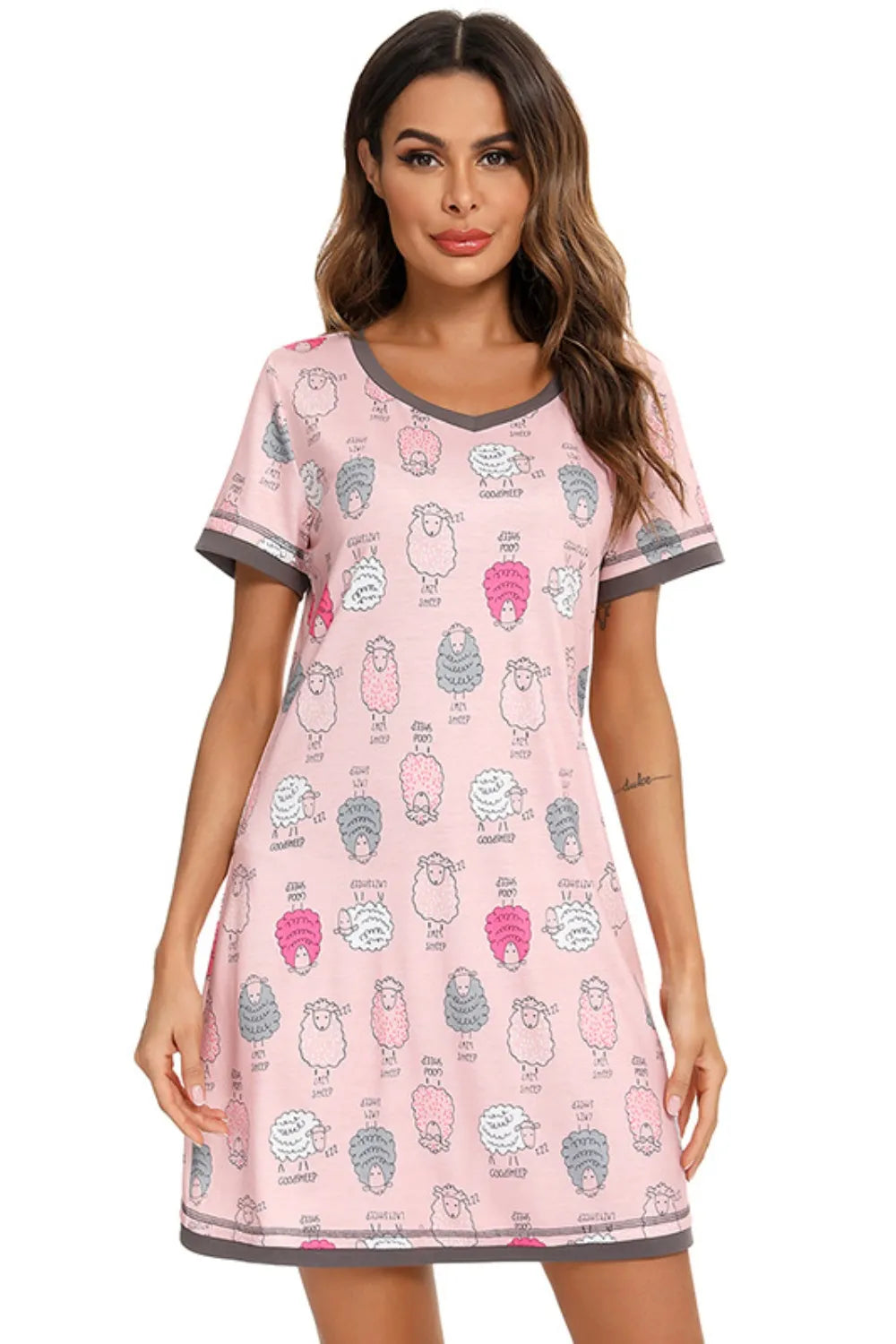 Contrast Trim Short Sleeve Lounge Dress in pink with sheep print