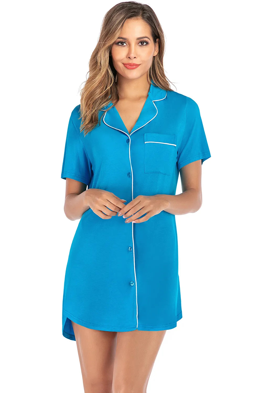 Contrast Piping Pocketed Short Sleeve Lounge Dress in blue with white piping