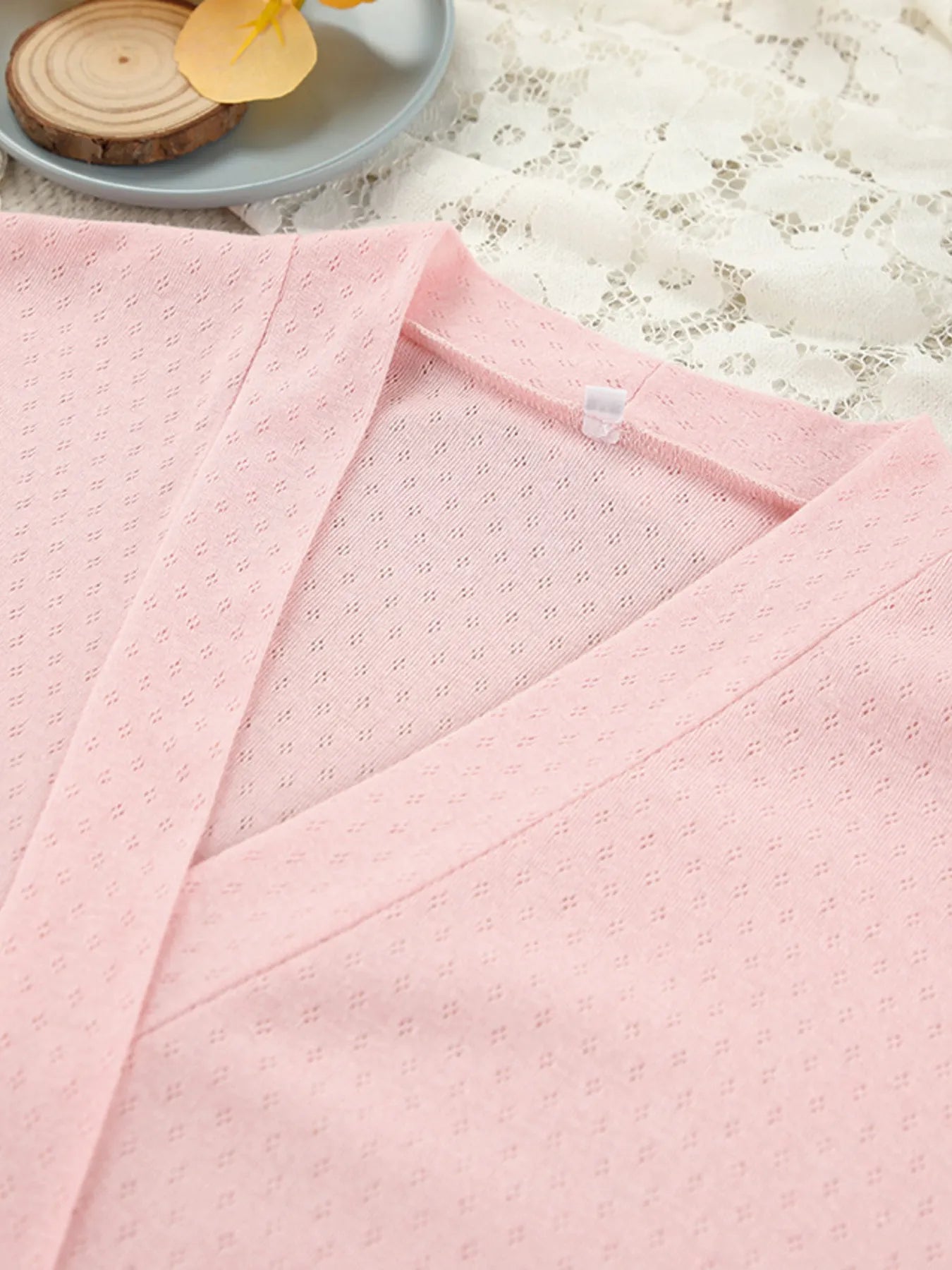 Close up of the pink Tie Waist Kimono Sleeve Lounge Nightgown fabric
