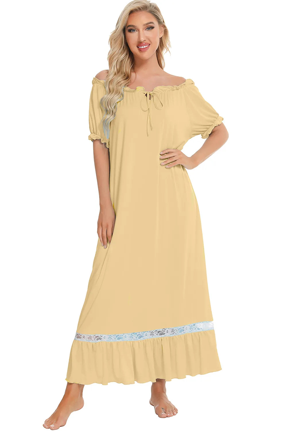 Lace Detail Short Sleeve Lounge Dress in light yellow with blue lace trim