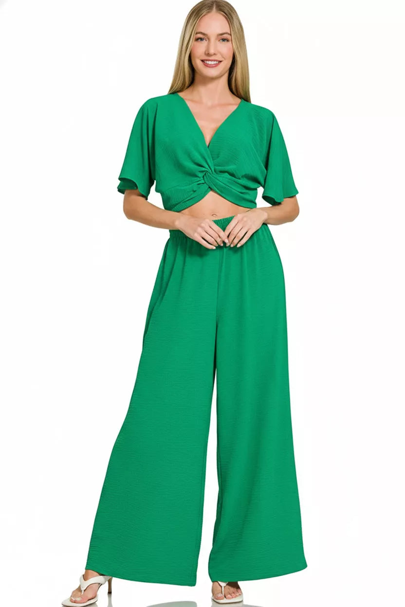 Zenana Woven Airflow Twisted Top & Wide Leg Pants Set in green