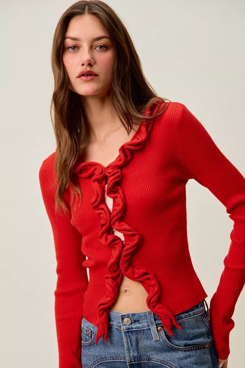 SO ME Cascade Ruffle Ribbed Sweater Cardigan in red with ruffle detail