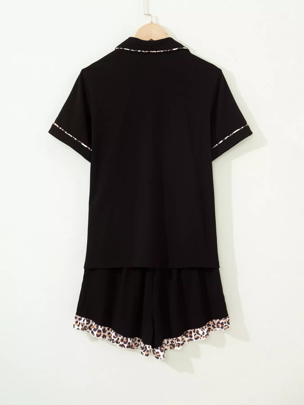 Leopard Patchwork Trim Lapel Shirt Drawstring Shorts 2pcs Pajama Set