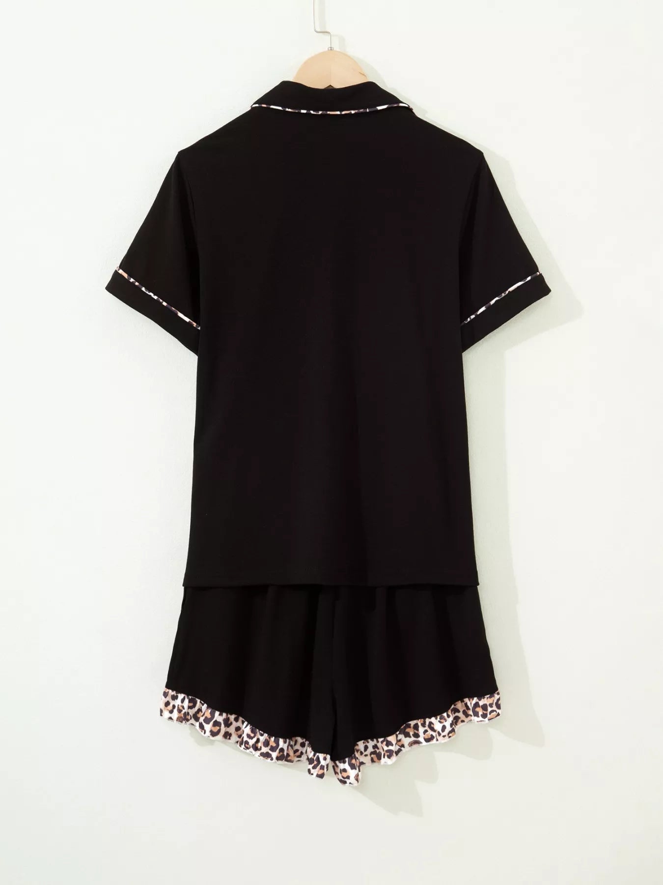 Leopard Patchwork Trim Lapel Shirt Drawstring Shorts 2pcs Pajama Set