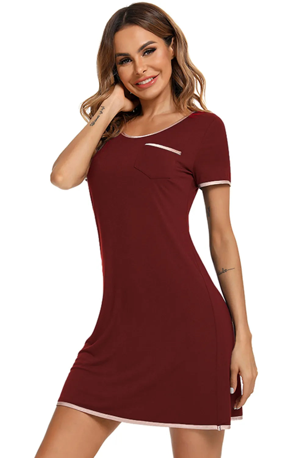 Contrast Trim Pocketed Round Neck Lounge Dress in maroon with light pink trim