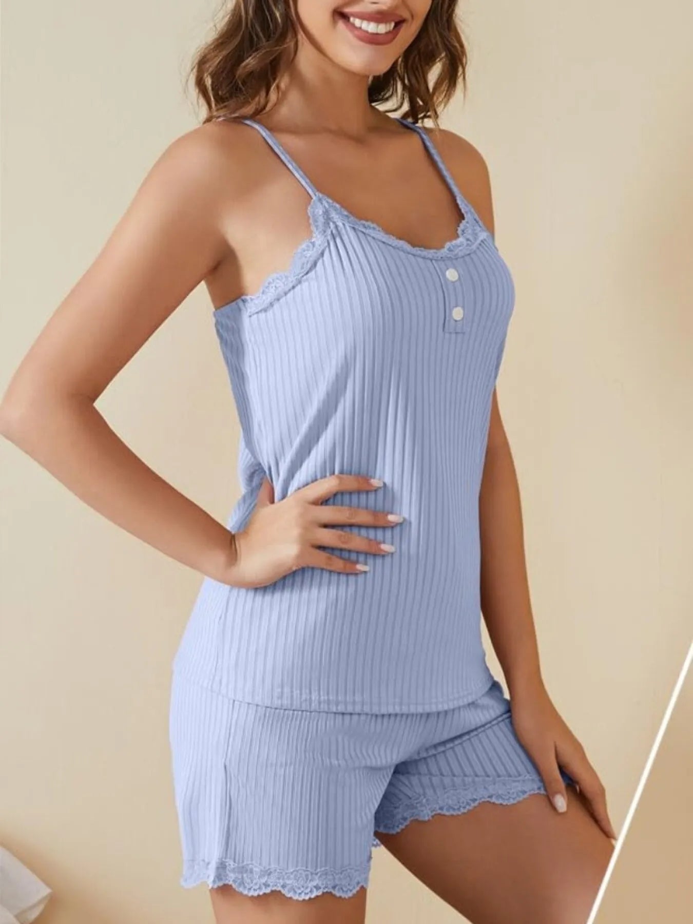 Lace-Trimmed Ribbed Cami and Shorts Lounge Set in light blue on a model