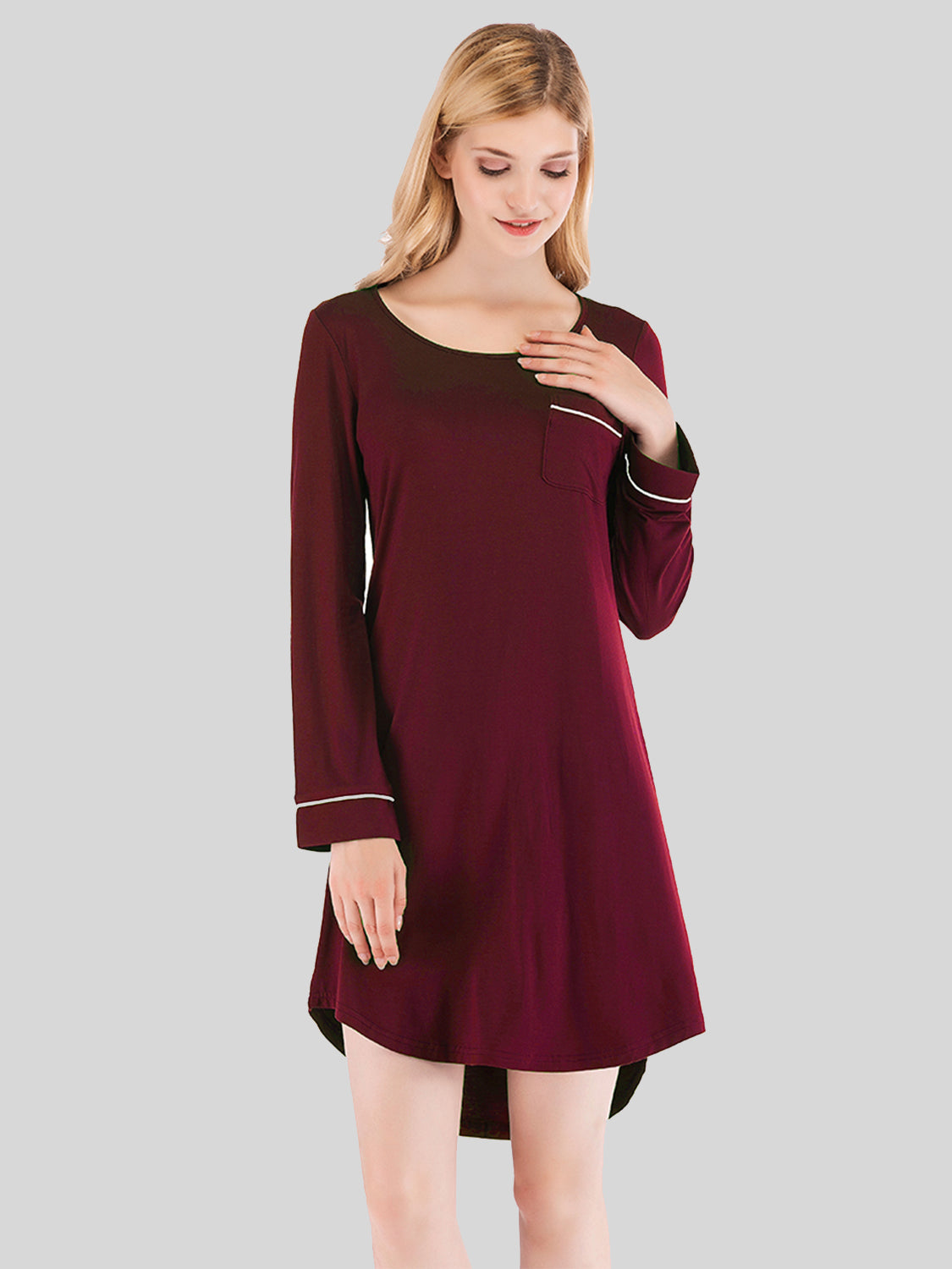 Round Neck Night Dress with Pocket in maroon, with white trim on pocket and cuffs