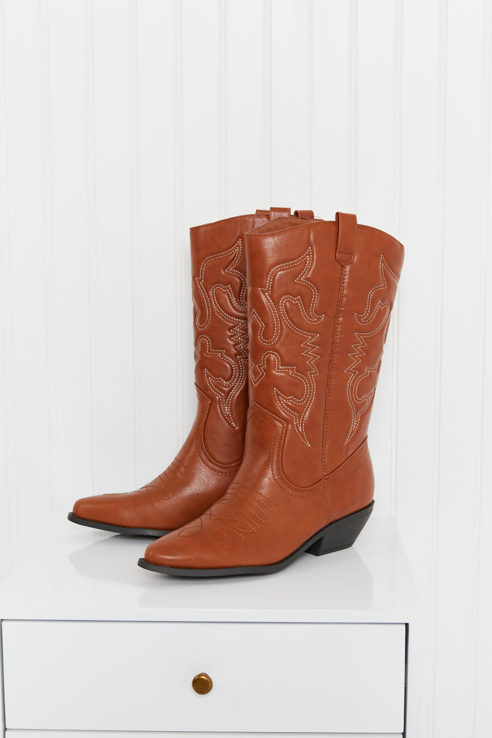 Embroidered Mid-Calf Cowboy Boots in brown with white stitching