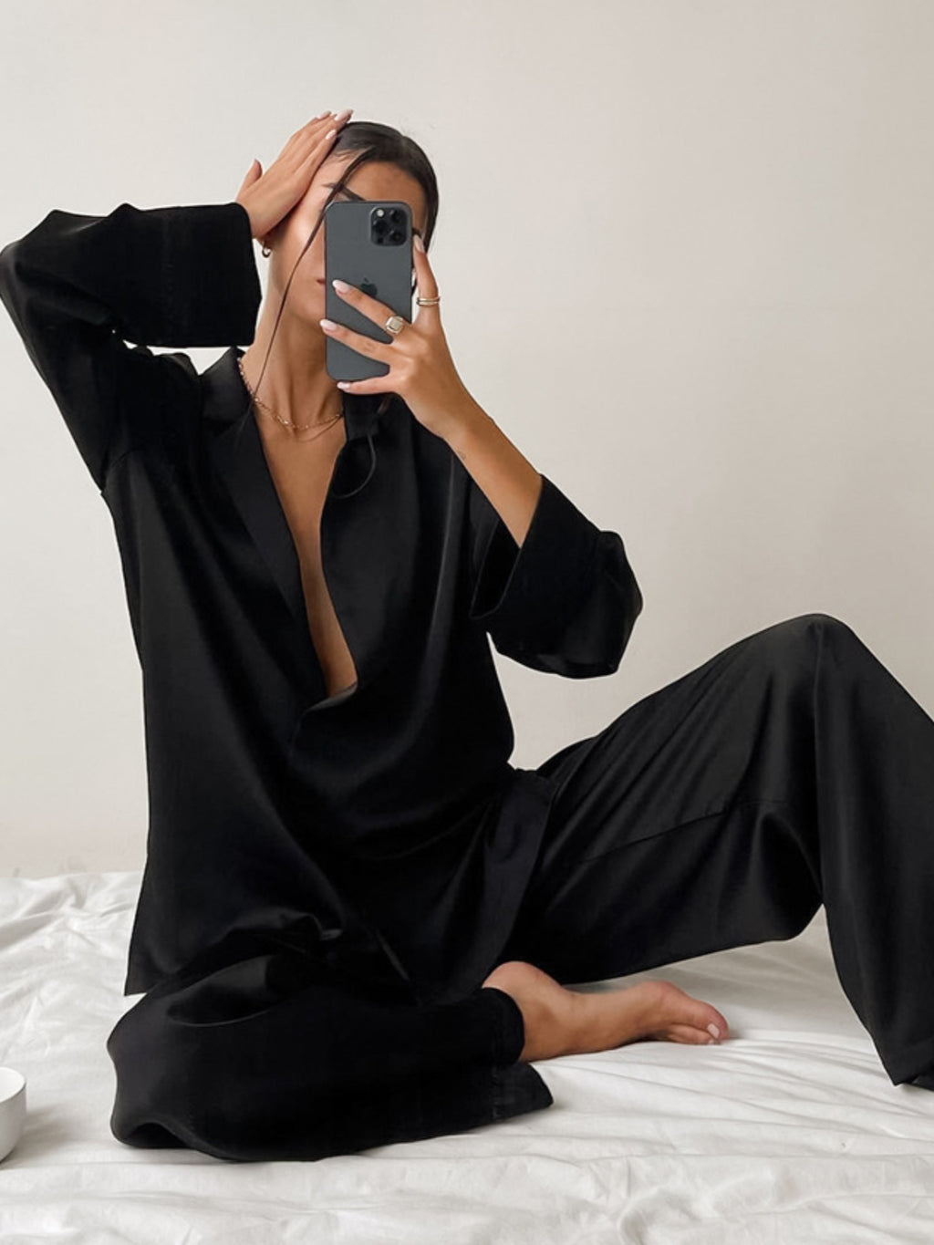 Long Sleeve Top and Wide Leg Pants Lounge Set in black