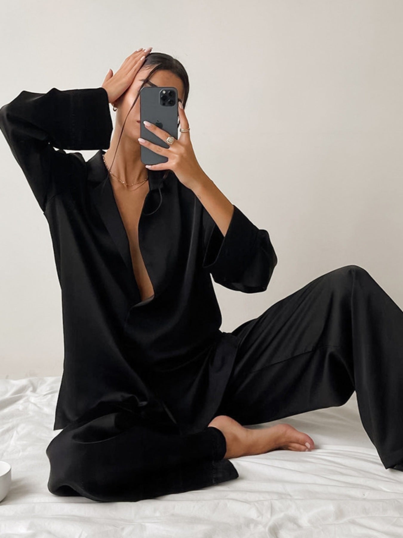 Long Sleeve Top and Wide Leg Pants Lounge Set in black