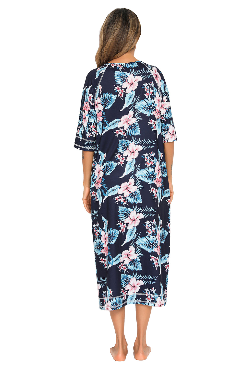 Printed Slit Night Dress with Pockets, back view