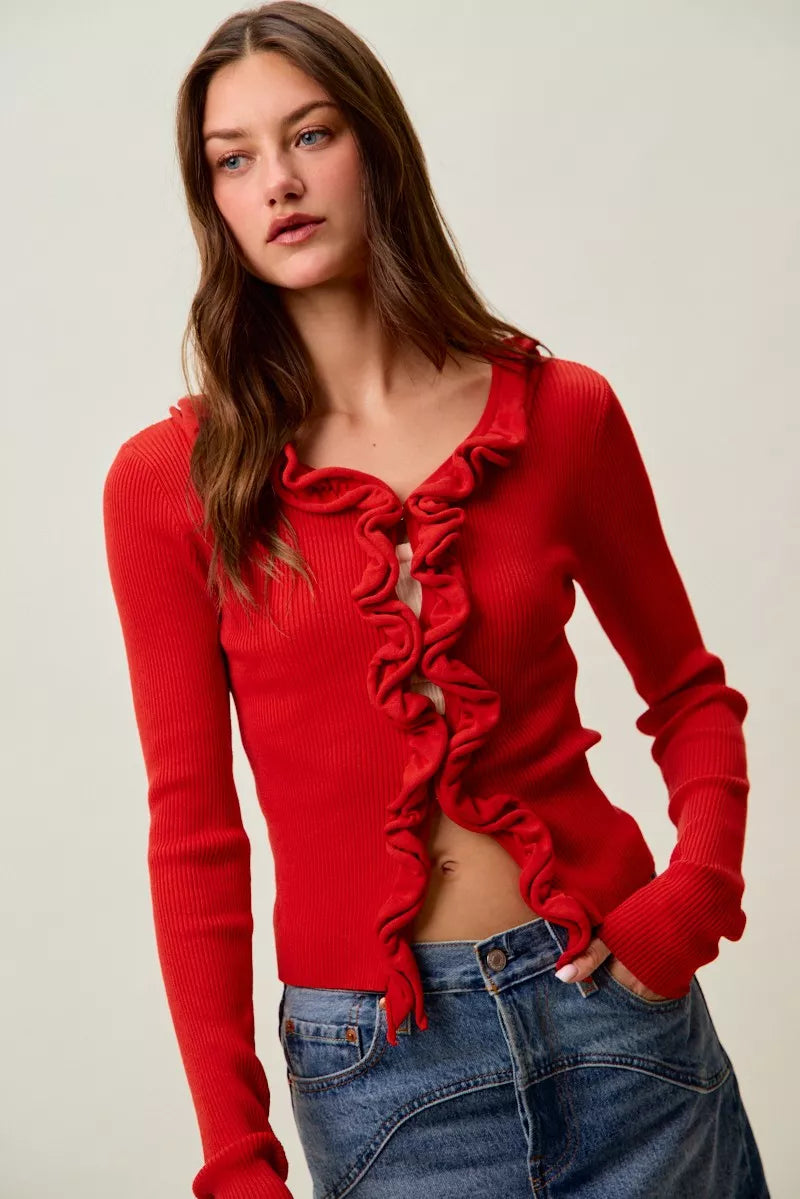 SO ME Cascade Ruffle Ribbed Sweater Cardigan in red with ruffle detail
