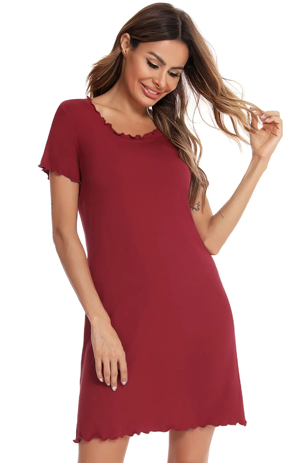 Round Neck Short Sleeve Lounge Dress in red with ruffled trim