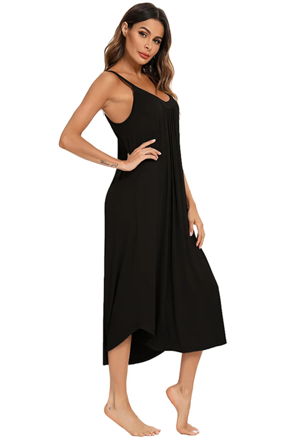 Woman wearing a black V-Neck Midi Lounge Dress