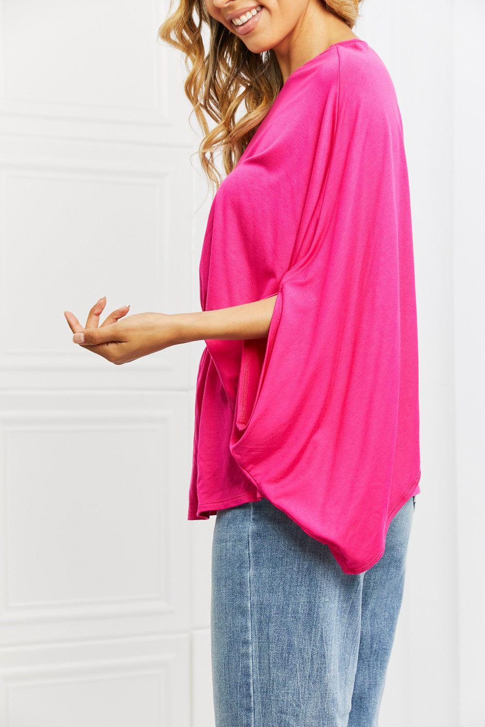 Forever and Always One Shoulder Top in hot pink with a relaxed fit and dolman sleeves