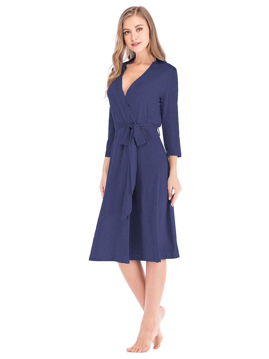 Plunge Tie Front Night Dress in navy blue with a tie front and three-quarter sleeves