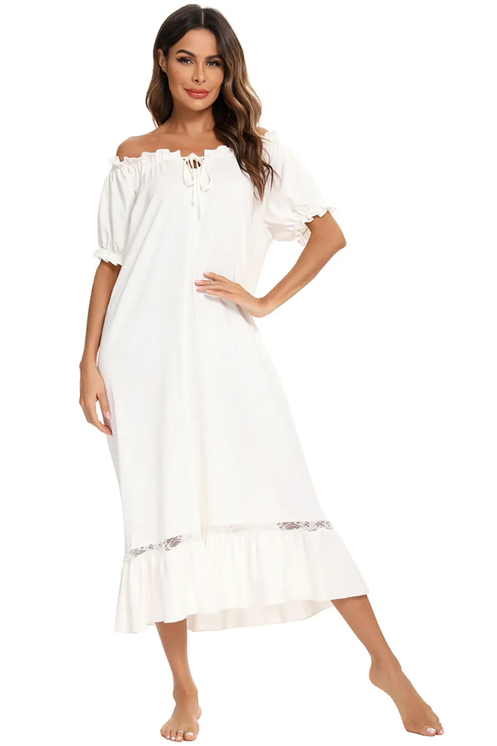 Lace Detail Short Sleeve Lounge Dress in white with off-the-shoulder neckline and ruffled hem