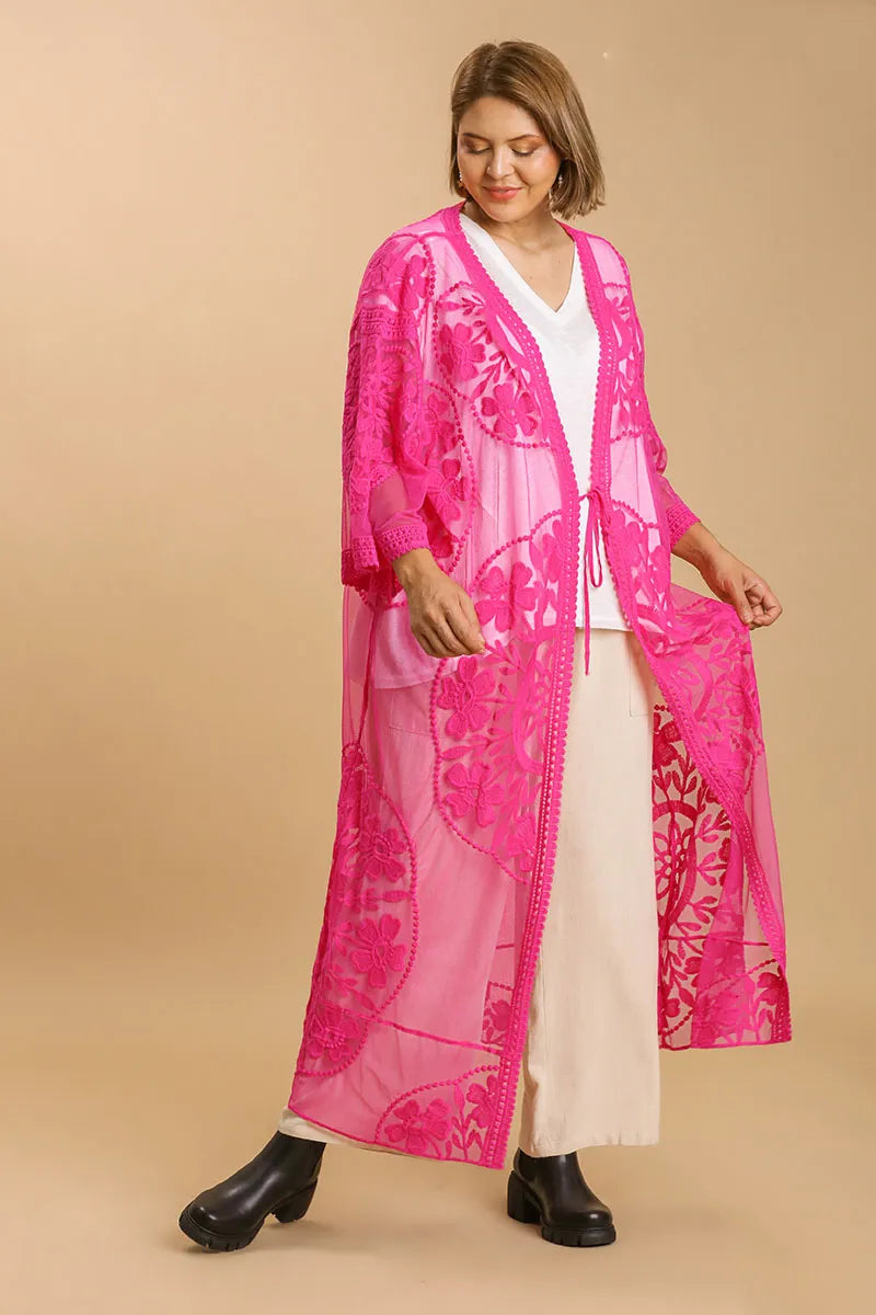 Umgee Floral Lace Open Front Long Kimono with Waist Tie Plus Size