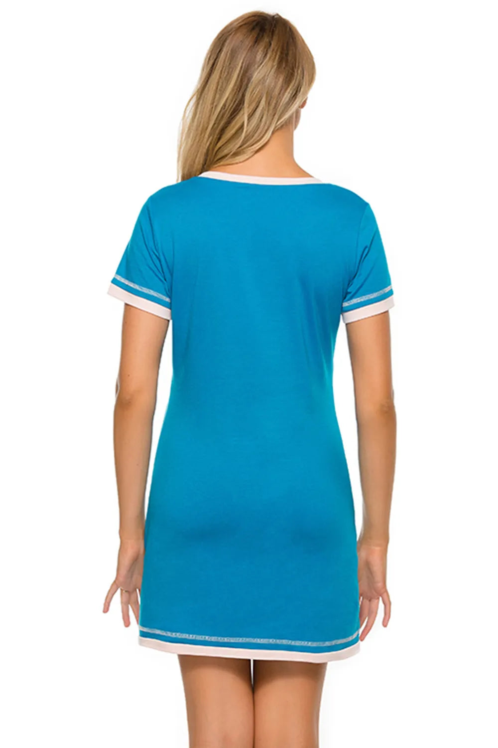 Back view of a woman wearing a blue Contrast Trim Short Sleeve Lounge Dress