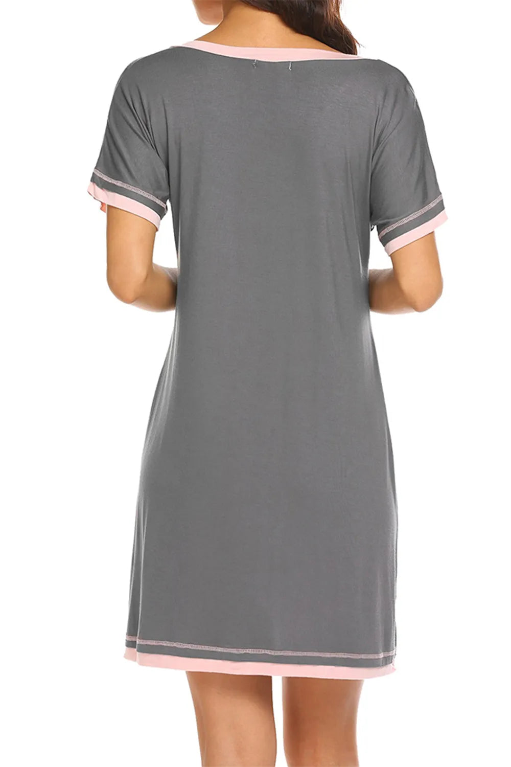Contrast Trim Short Sleeve Lounge Dress in gray with pink trim, back view