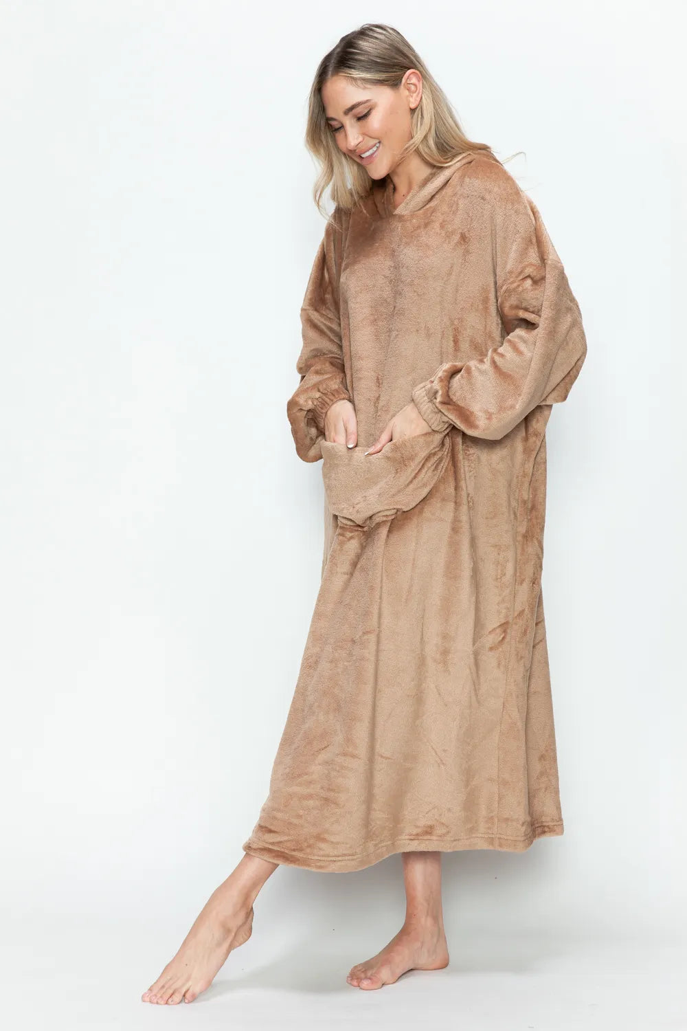 Double Take Full Size Pocketed Hooded Midi Lounge Dress in brown