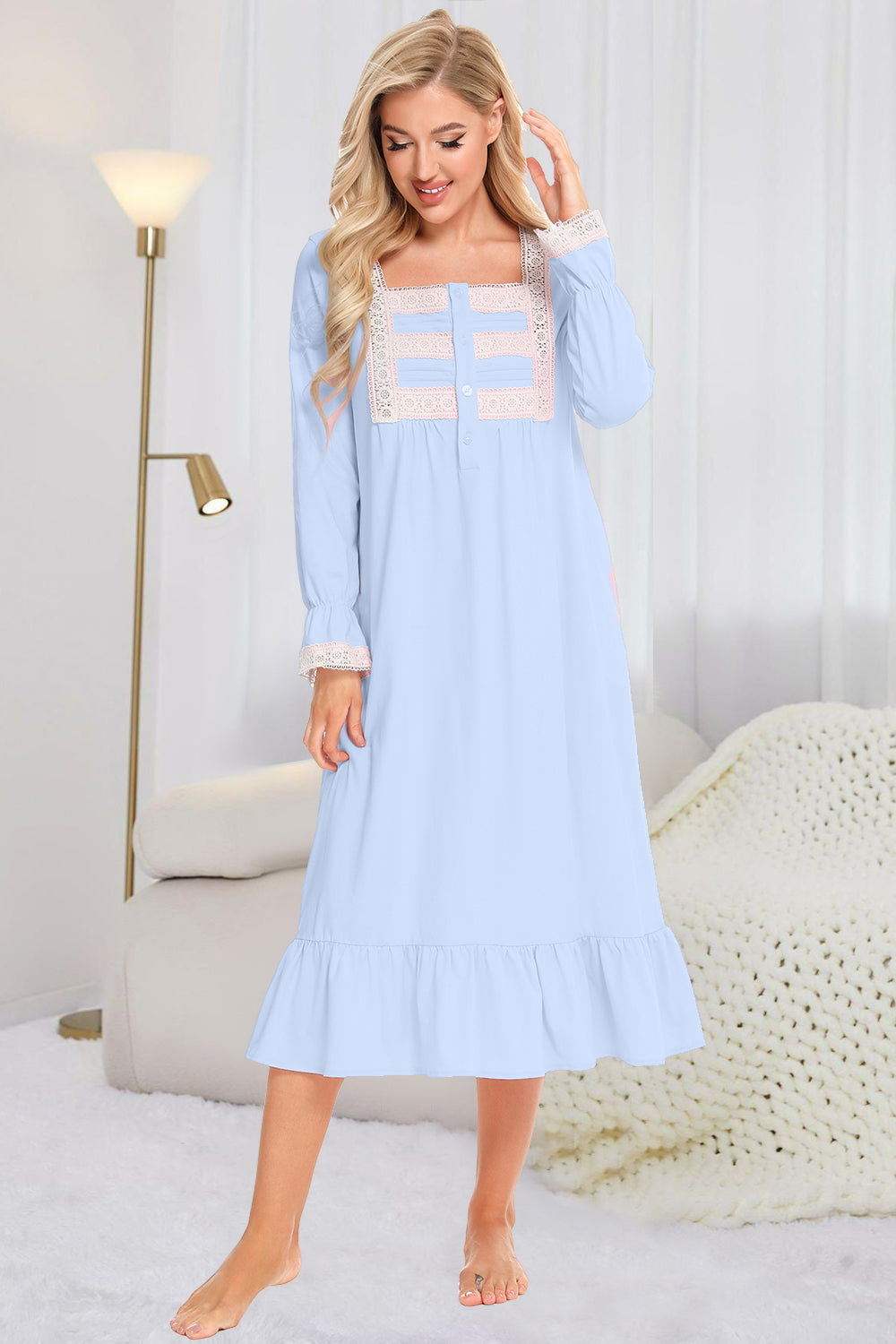 Lace Detail Square Neck Flounce Sleeve Night Dress in light blue with pink lace accents