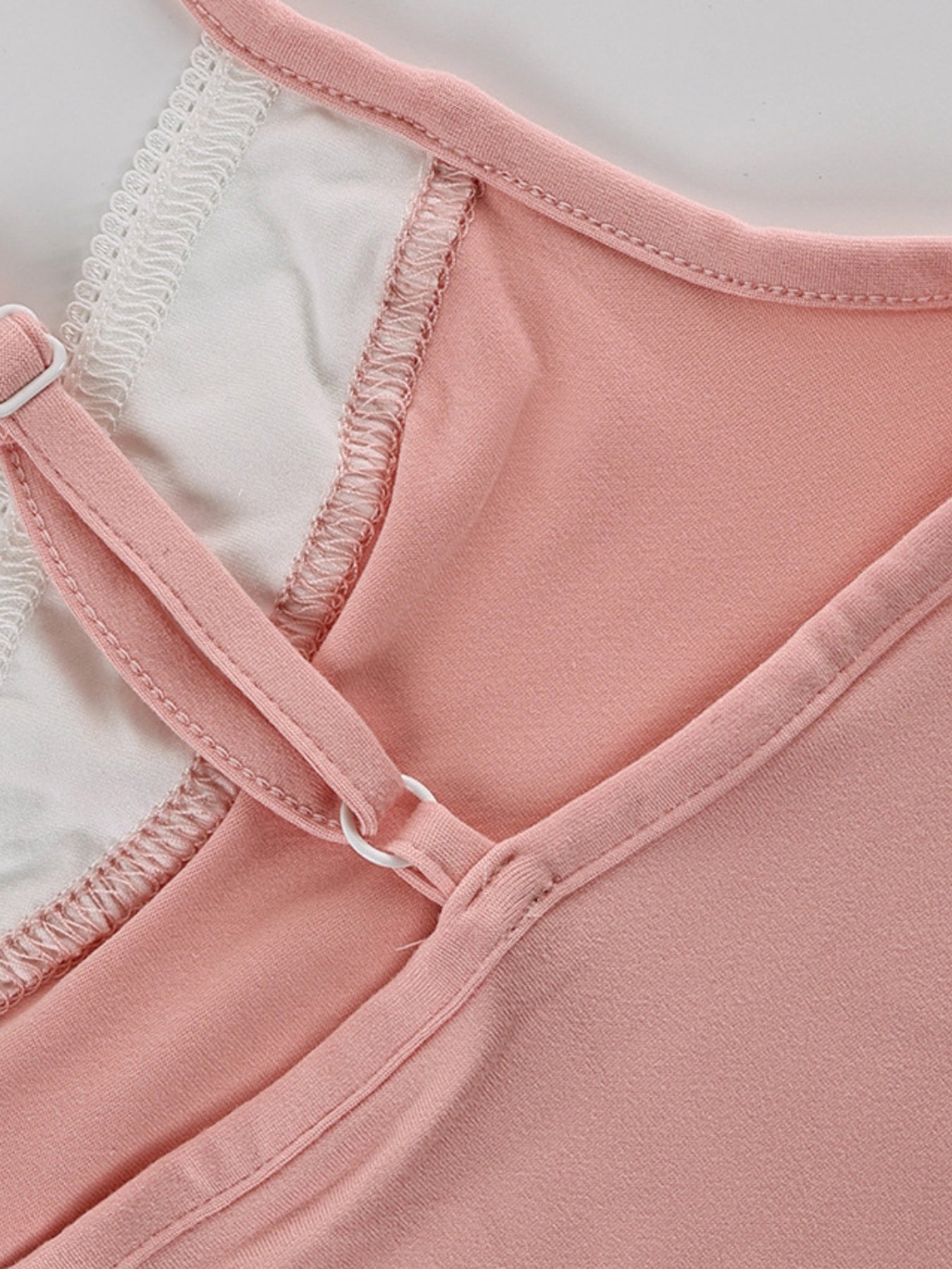 Close up of the pink Lace Trim Cami & Pants Lounge Set showing the lace trim and adjustable strap