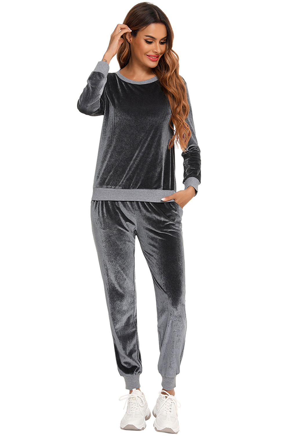 Round Neck Long Sleeve Loungewear Set with Pockets in grey velvet