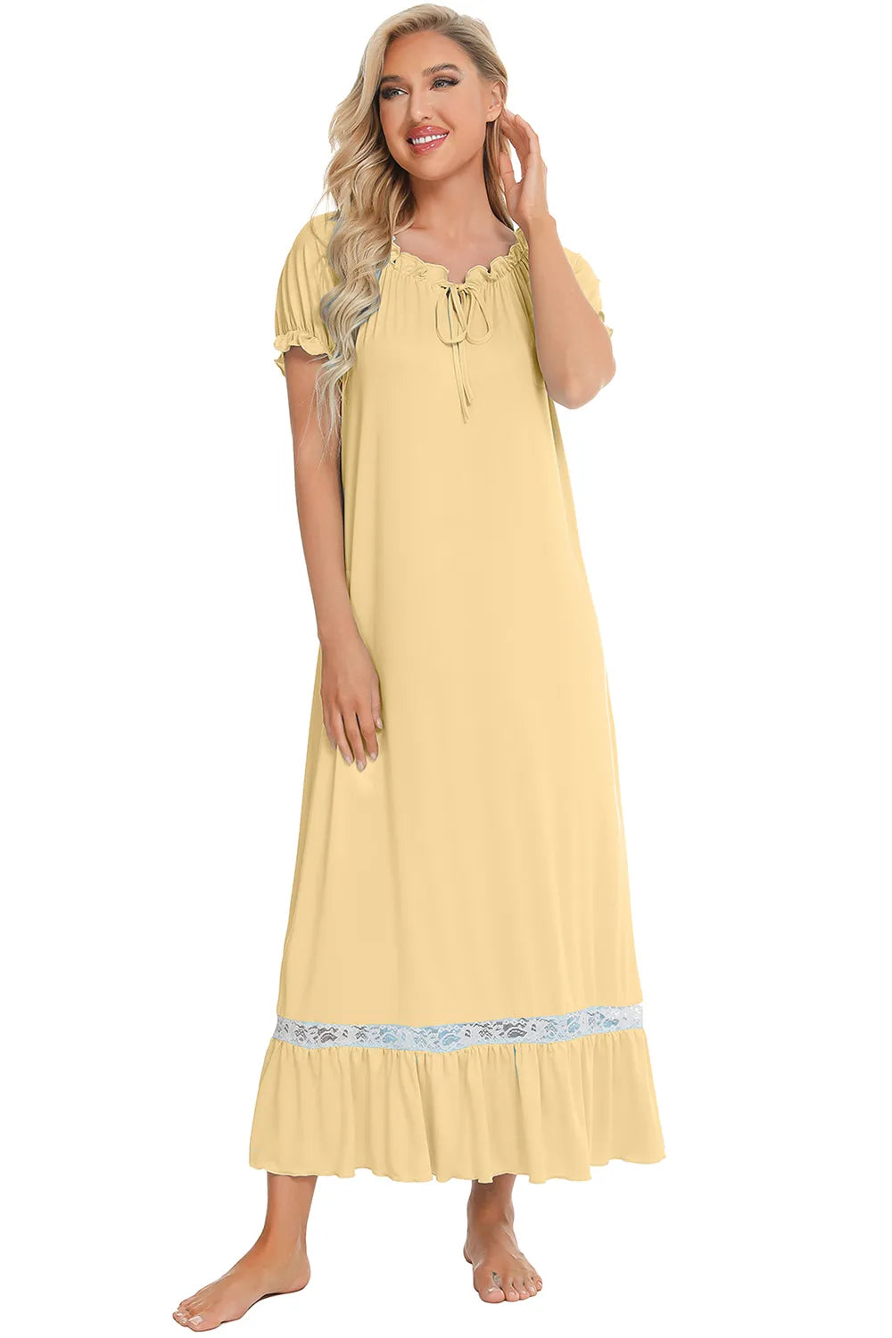 Lace Detail Short Sleeve Lounge Dress in light yellow with blue lace trim