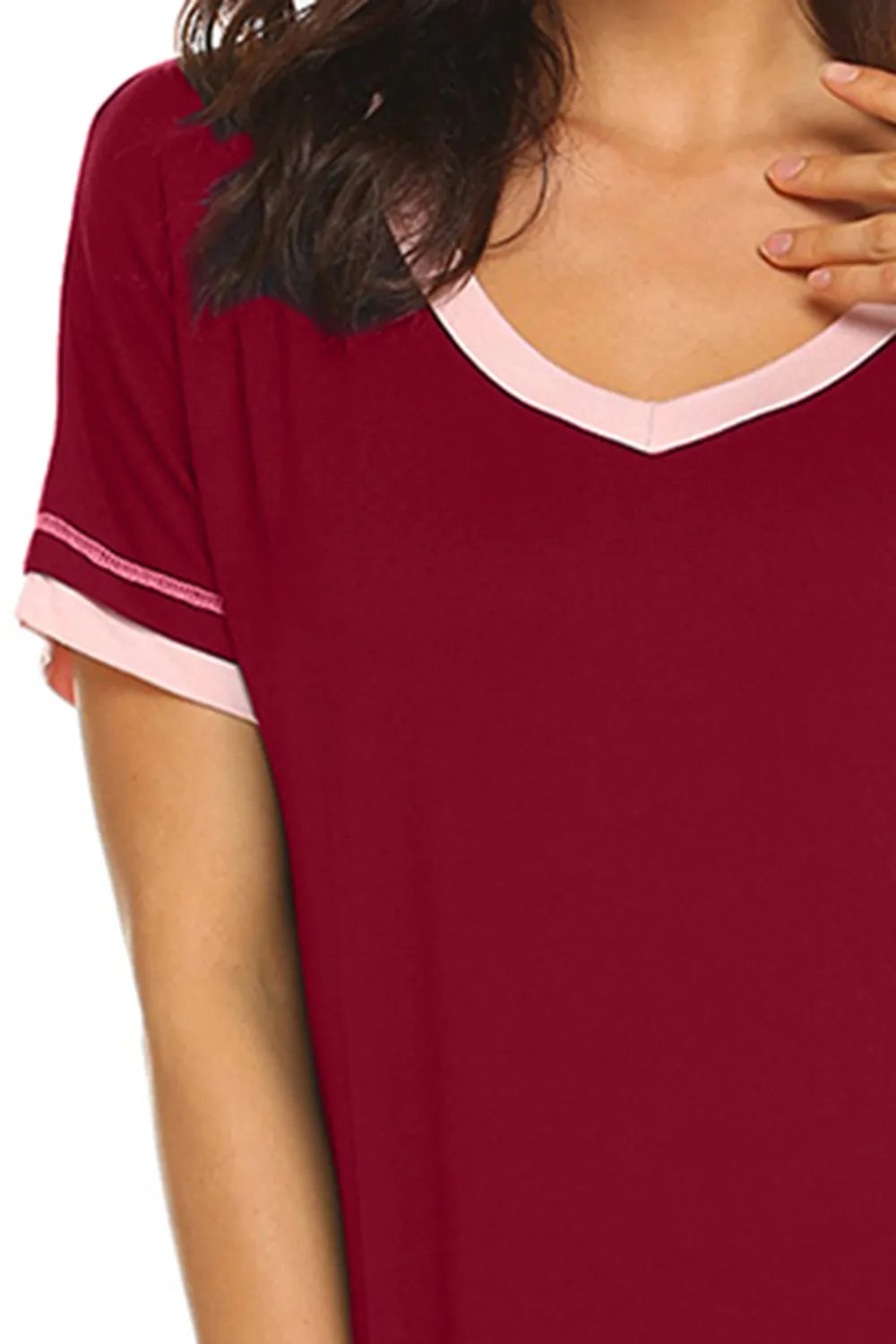 Contrast Trim Short Sleeve Lounge Dress in maroon with light pink trim on the V-neck and sleeves