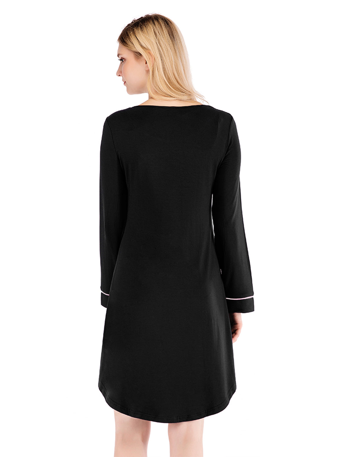 Rear view of a woman wearing a black Round Neck Night Dress with Pocket