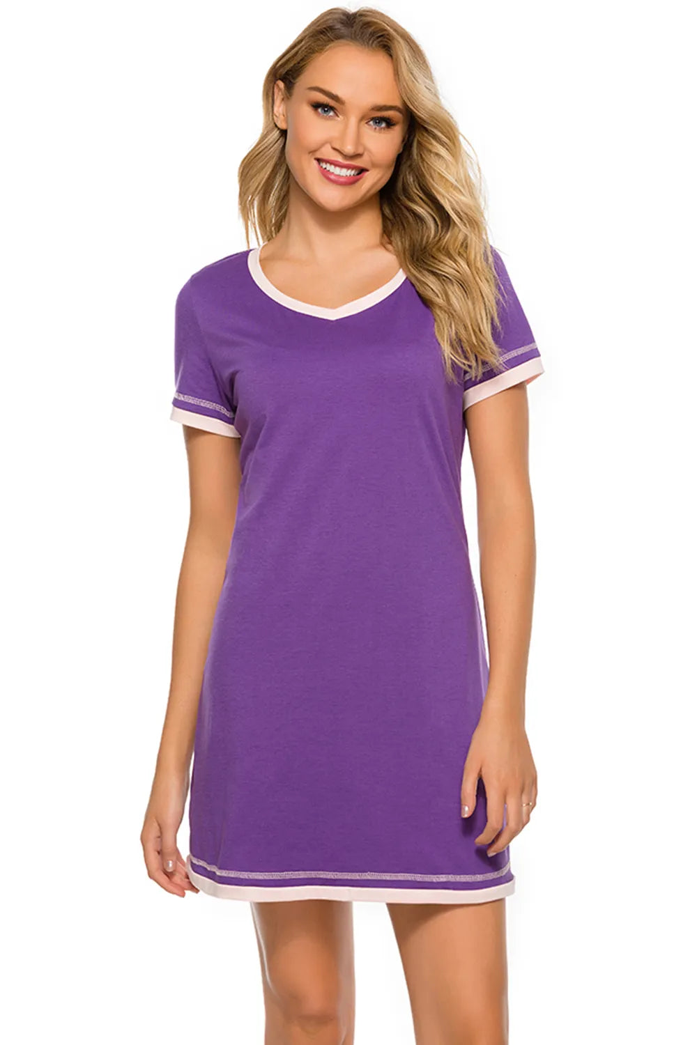 Contrast Trim Short Sleeve Lounge Dress in purple with white trim