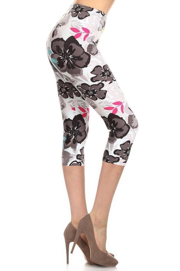 Floral Print High-Waist Capri Leggings with black, pink, and blue flowers on a white background