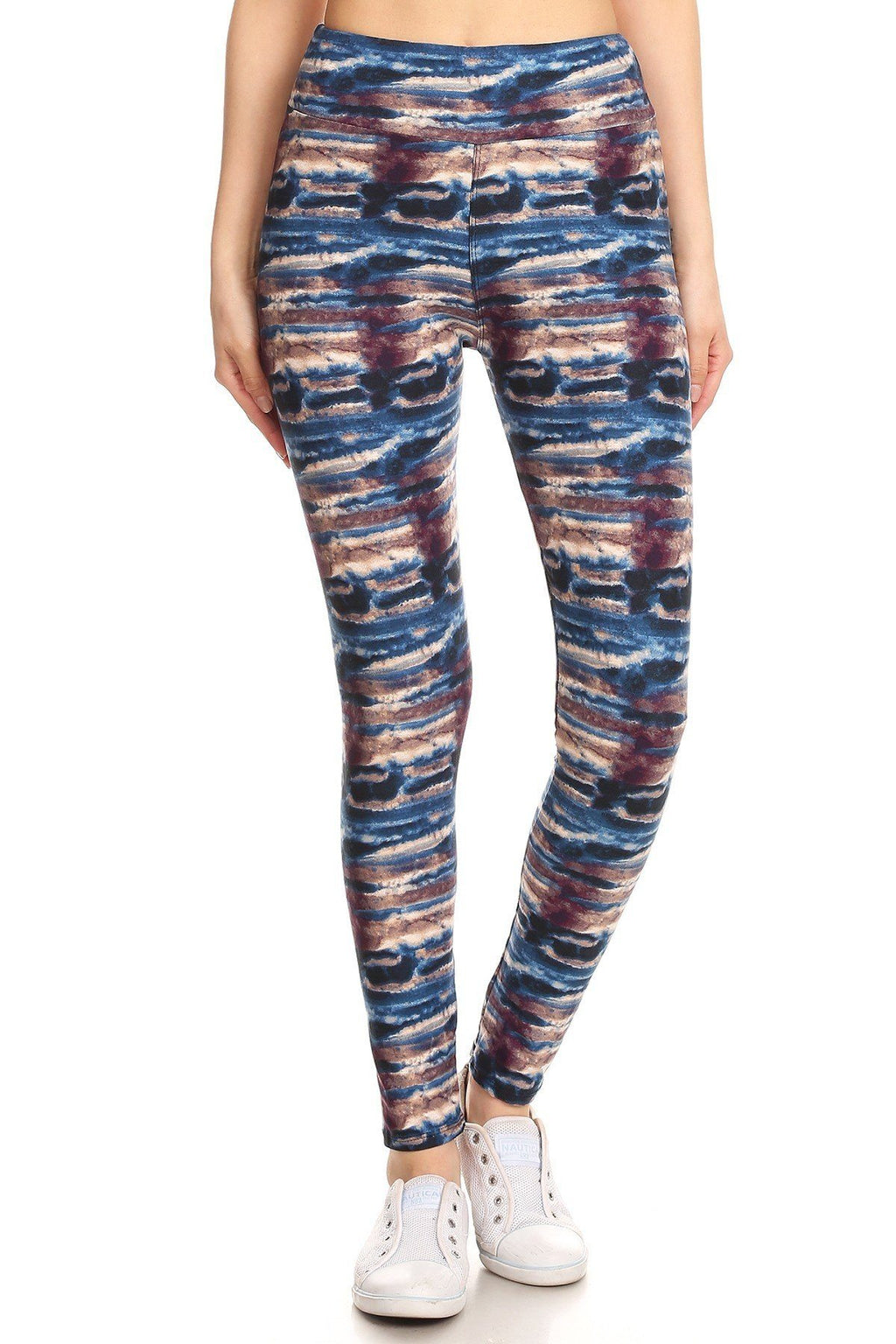 Tie-Dye High-Waist Full-Length Yoga Leggings in blue, brown, and black horizontal stripes