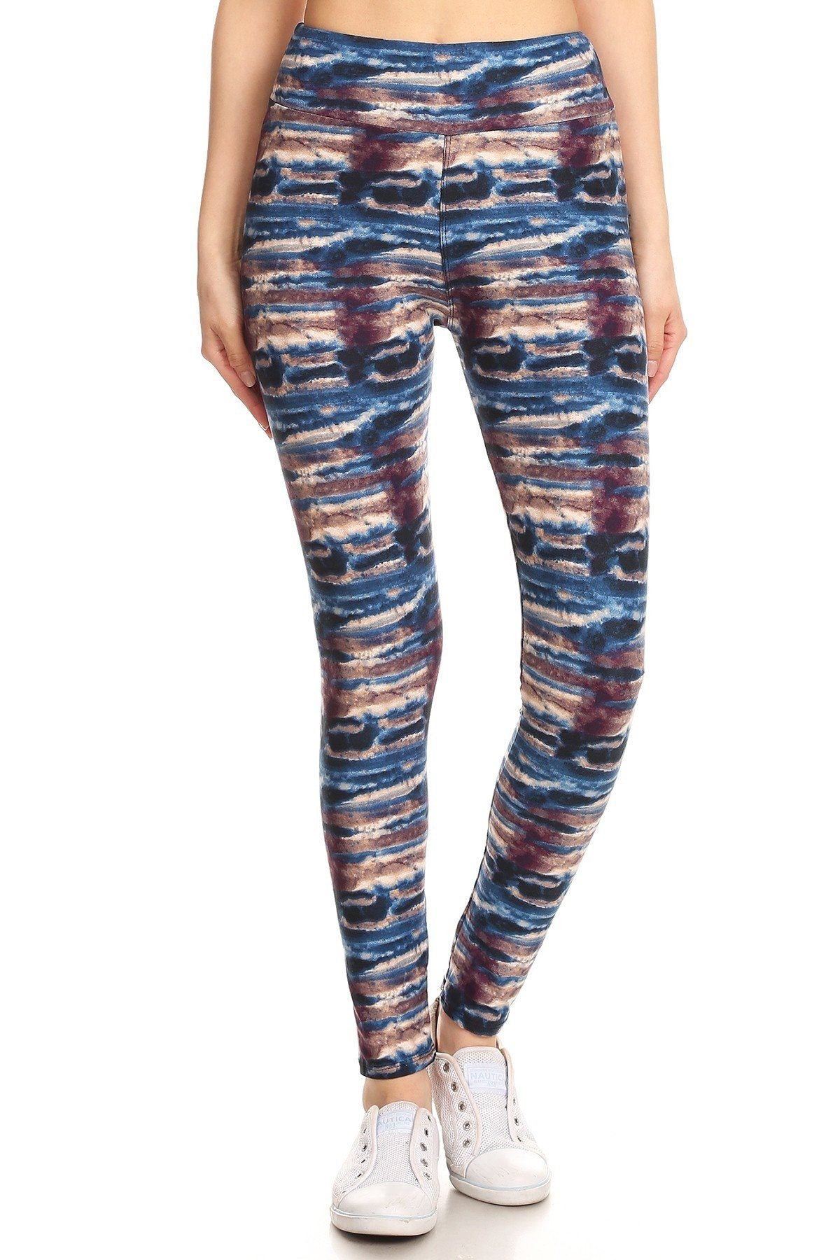 Tie-Dye High-Waist Full-Length Yoga Leggings in blue, brown, and black horizontal stripes